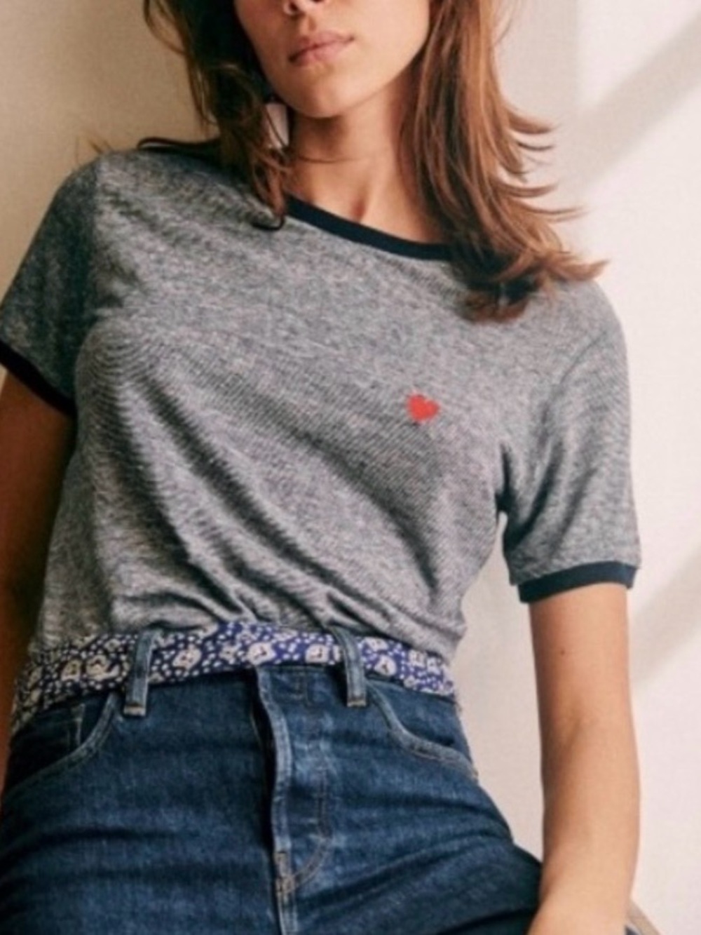 Sézane 100% linen T-shirt, navy and white stripes, embroidered red heart, XS